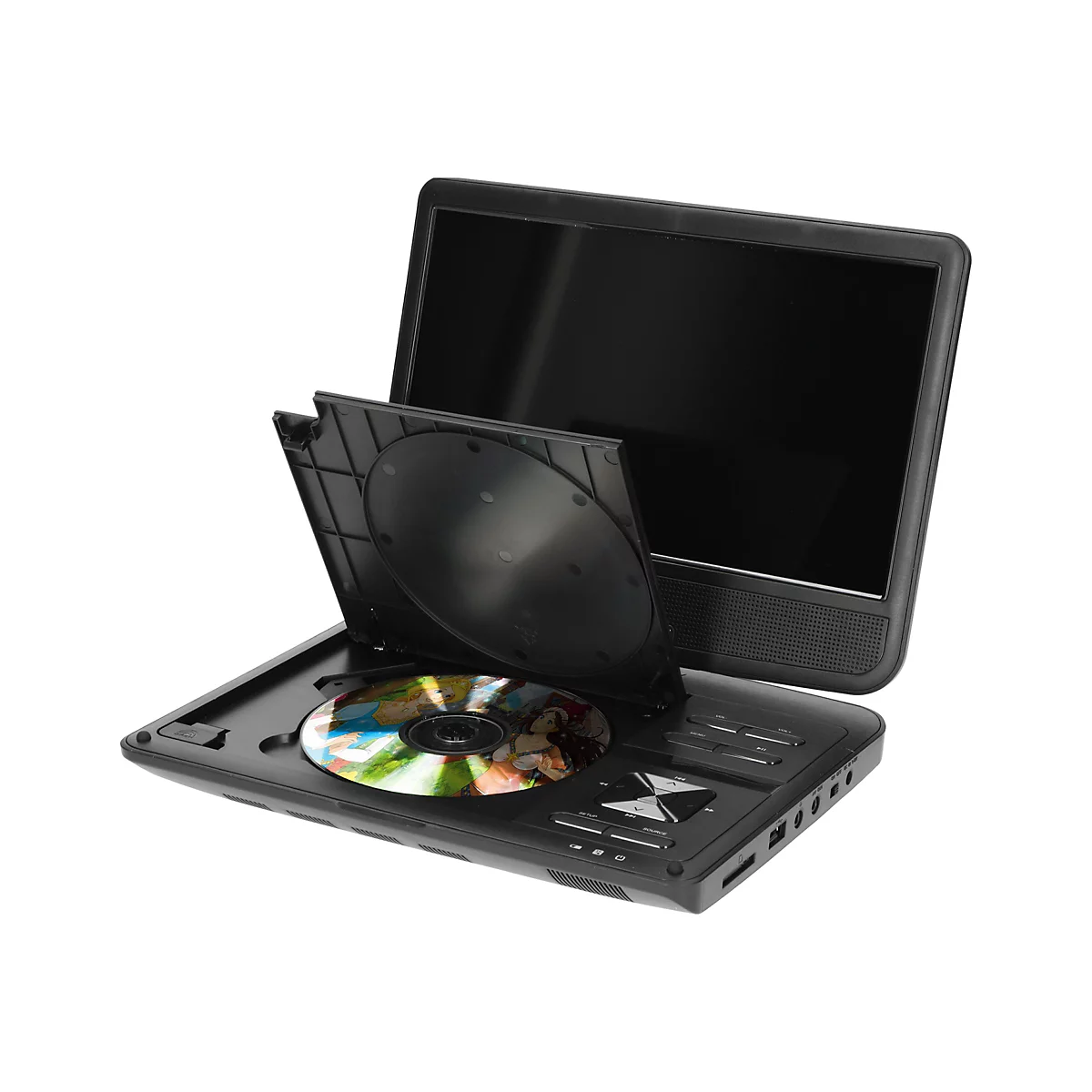 Schwarzer, tragbarer DVD-Player mit aufgeklapptem Laufwerk und eingelegter DVD vor weißem Hintergrund.