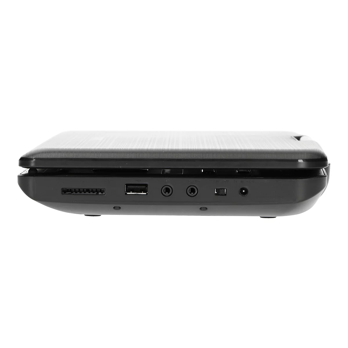 Die schmale Seitenansicht eines schwarzen, geschlossenen tragbaren DVD-Players mit verschiedenen Anschlüssen.