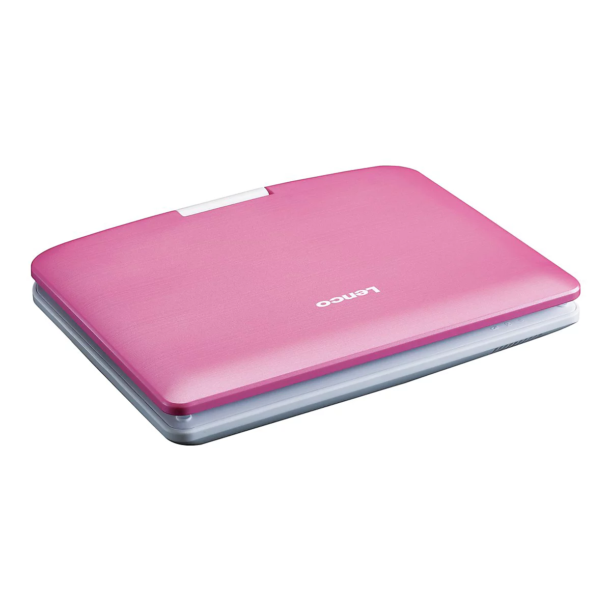 Ein pinkfarbener Laptop der Marke Lenovo, auf weiÃŸem Hintergrund.