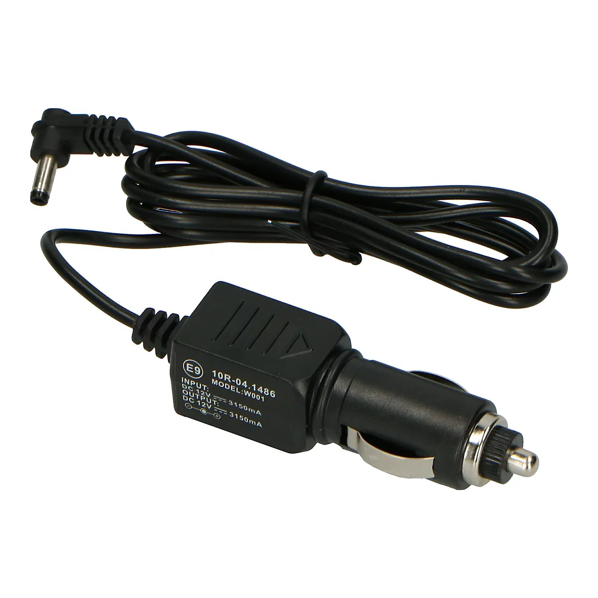 Ein schwarzes Autoladekabel mit ZigarettenanzÃ¼nderstecker und DC-Eingang. Kabel und AnschlÃ¼sse sind im Detail zu sehen.