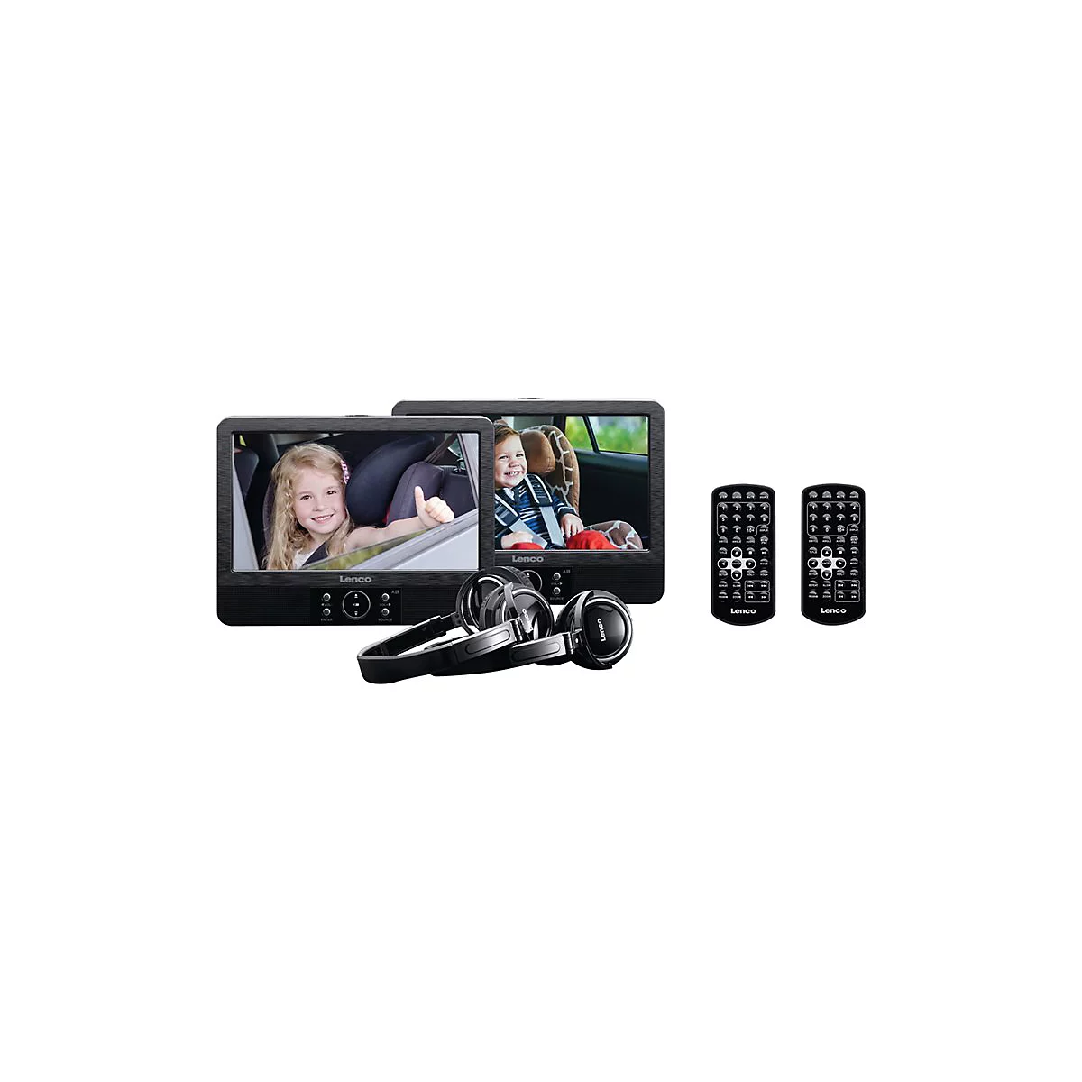 Zwei tragbare DVD-Player zeigen lÃ¤chelnde Kinder im Auto. Dazu KopfhÃ¶rer und Fernbedienungen.