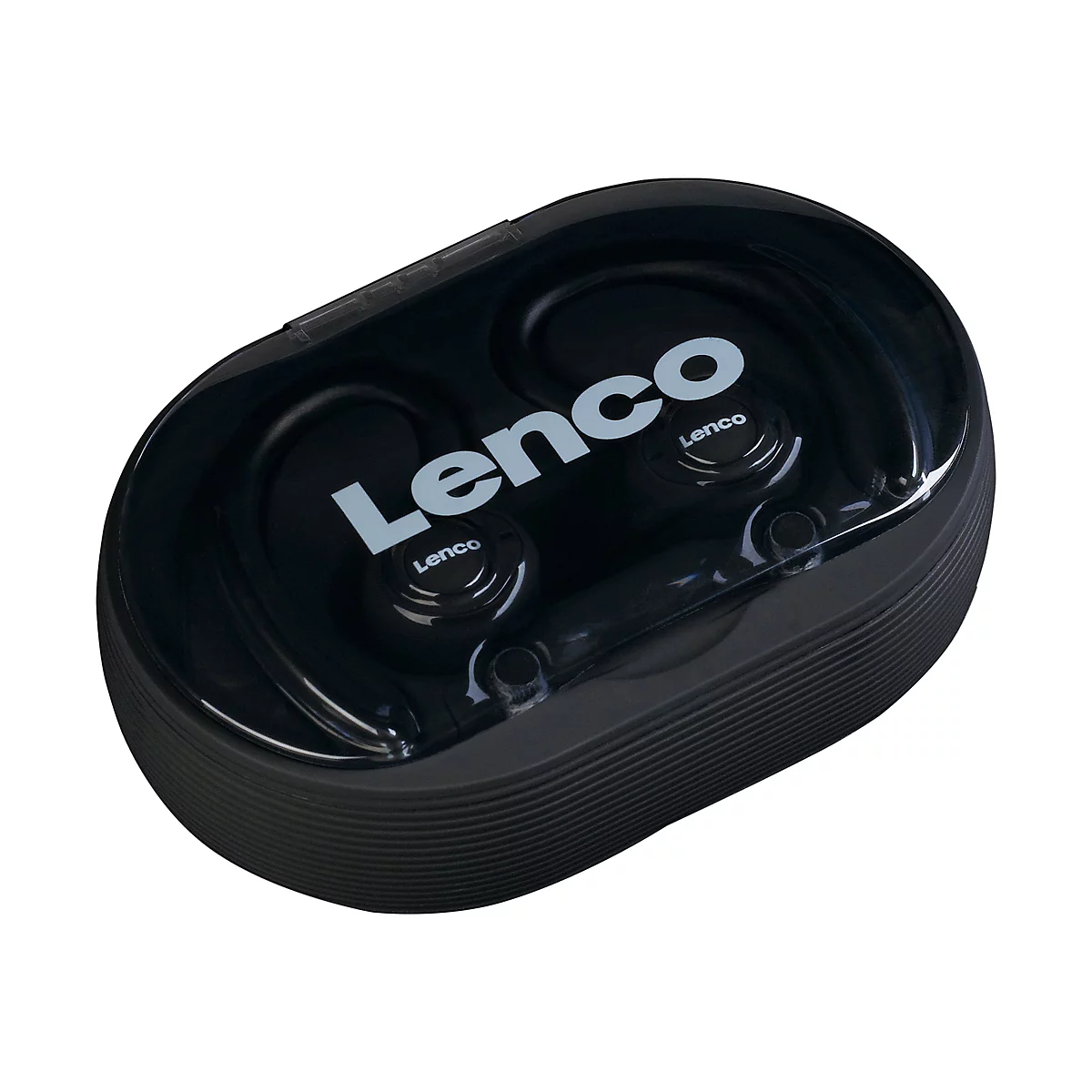 Schwarze kabellose OhrhÃ¶rer in einer schwarzen Ladebox. Auf der Box und den OhrhÃ¶rern ist der Schriftzug Lenco zu sehen.