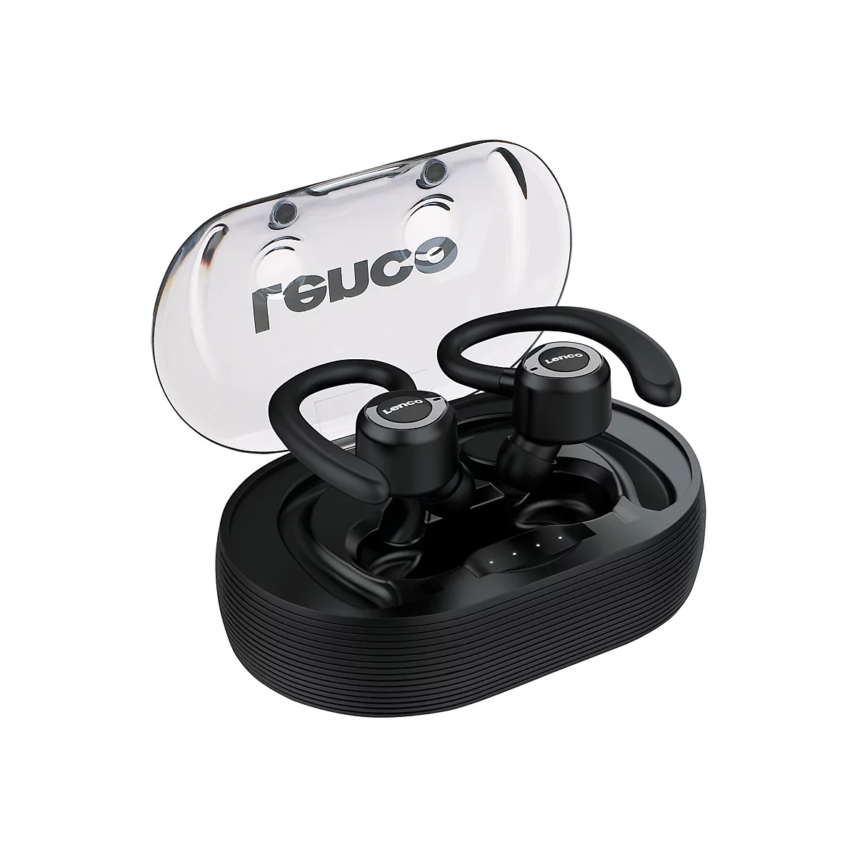 Schwarze kabellose OhrhÃ¶rer mit Ladecase, transparente Abdeckung. Der Name 'reuce' steht auf dem Case.
