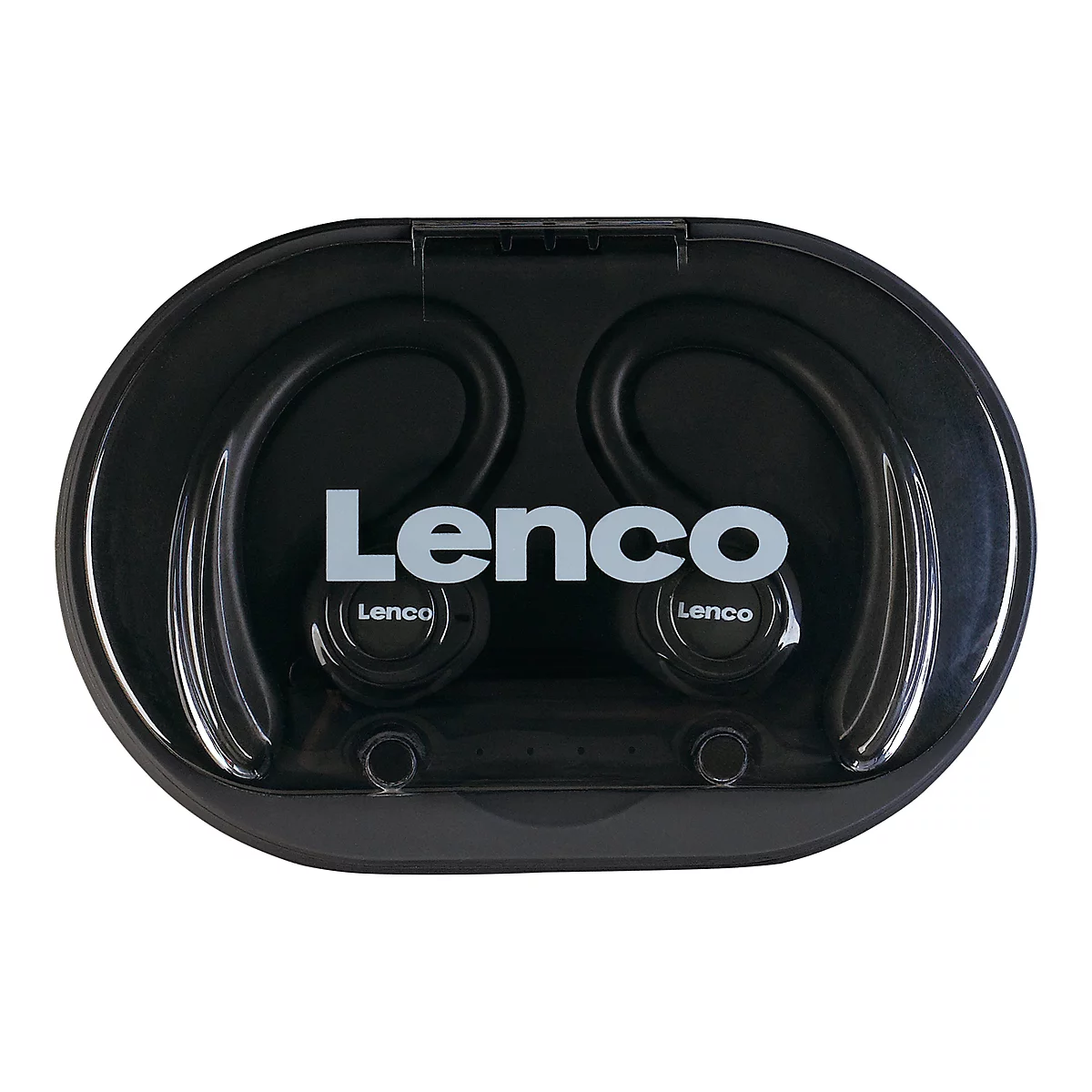 Schwarze Lenco-KopfhÃ¶rer in ovaler Ladebox. Auf dem Deckel steht in GroÃŸbuchstaben Lenco.