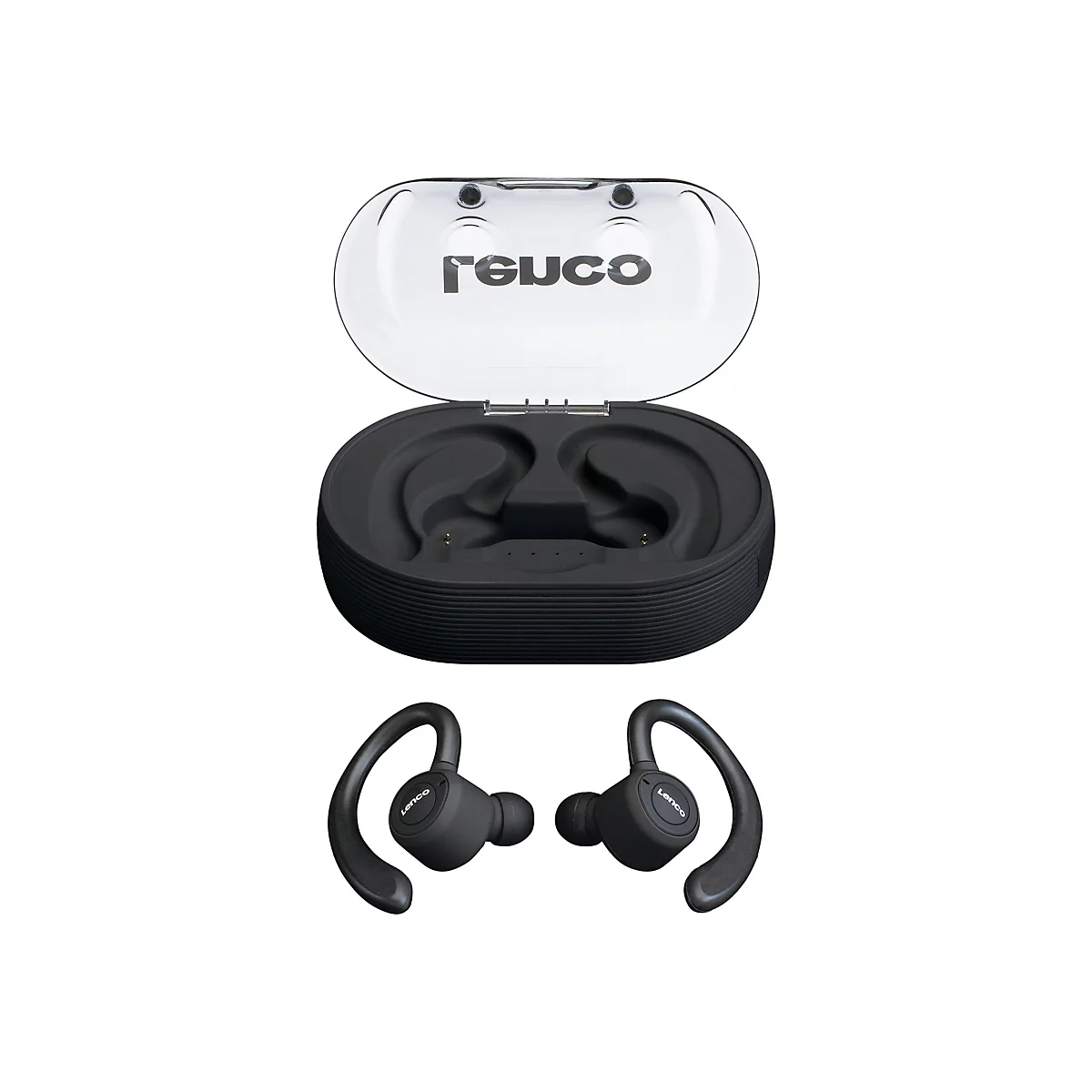 Schwarze KopfhÃ¶rer und Ladecase mit durchsichtigem Deckel, Markenname reuco.