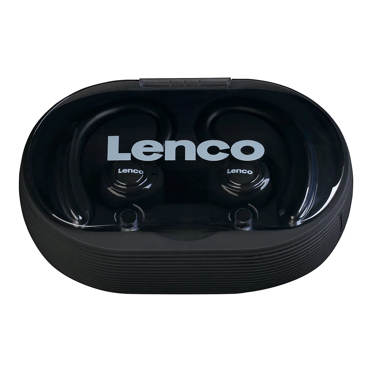 Schwarze Lenco-KopfhÃ¶rer in einer Ladeschale. Auf der Schale steht groÃŸ Lenco. Beide OhrhÃ¶rer liegen in der Schale.