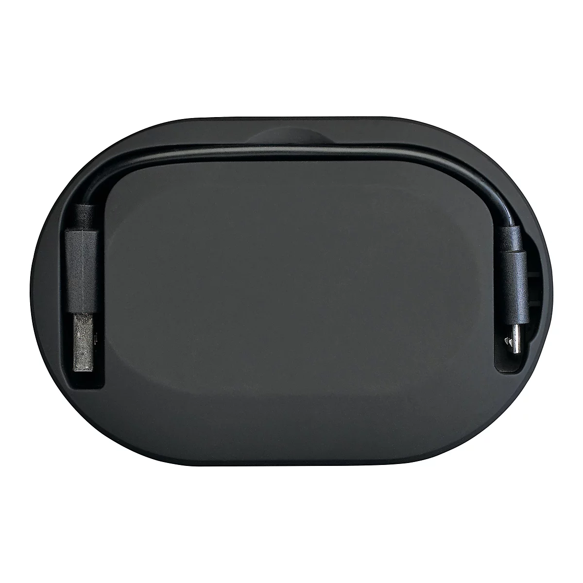 Schwarzes, ovales GehÃ¤use mit USB-Kabel. Kabel liegt darin, AnschlÃ¼sse sichtbar.