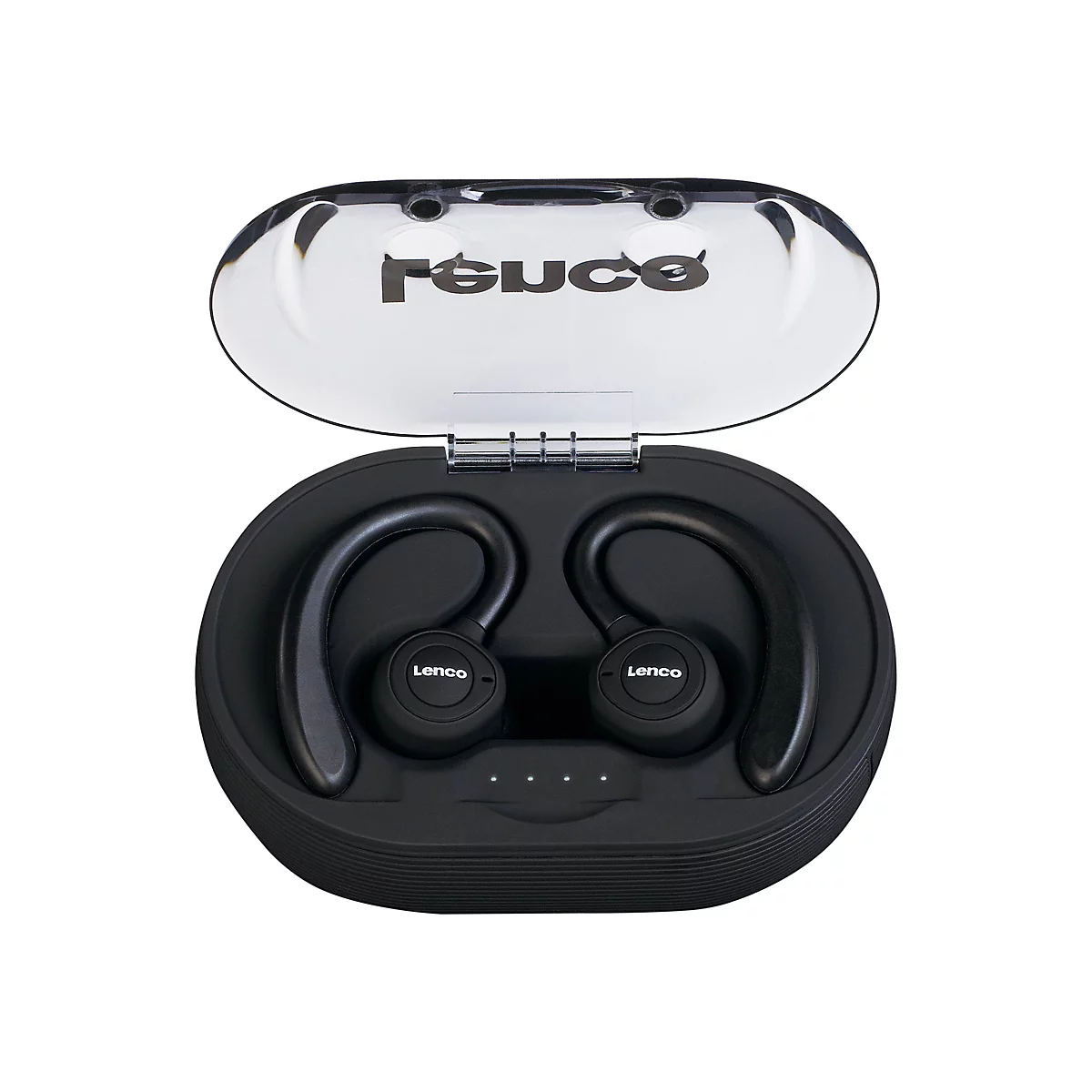 Schwarze Lenco-KopfhÃ¶rer in einer schwarzen Ladebox, Deckel offen, Markenschriftzug. Die OhrenbÃ¼gel sind zu sehen.