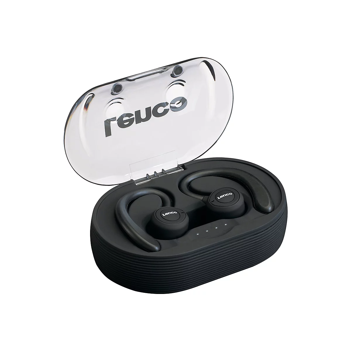 Schwarze kabellose KopfhÃ¶rer in einer schwarzen Ladebox mit transparentem Deckel.