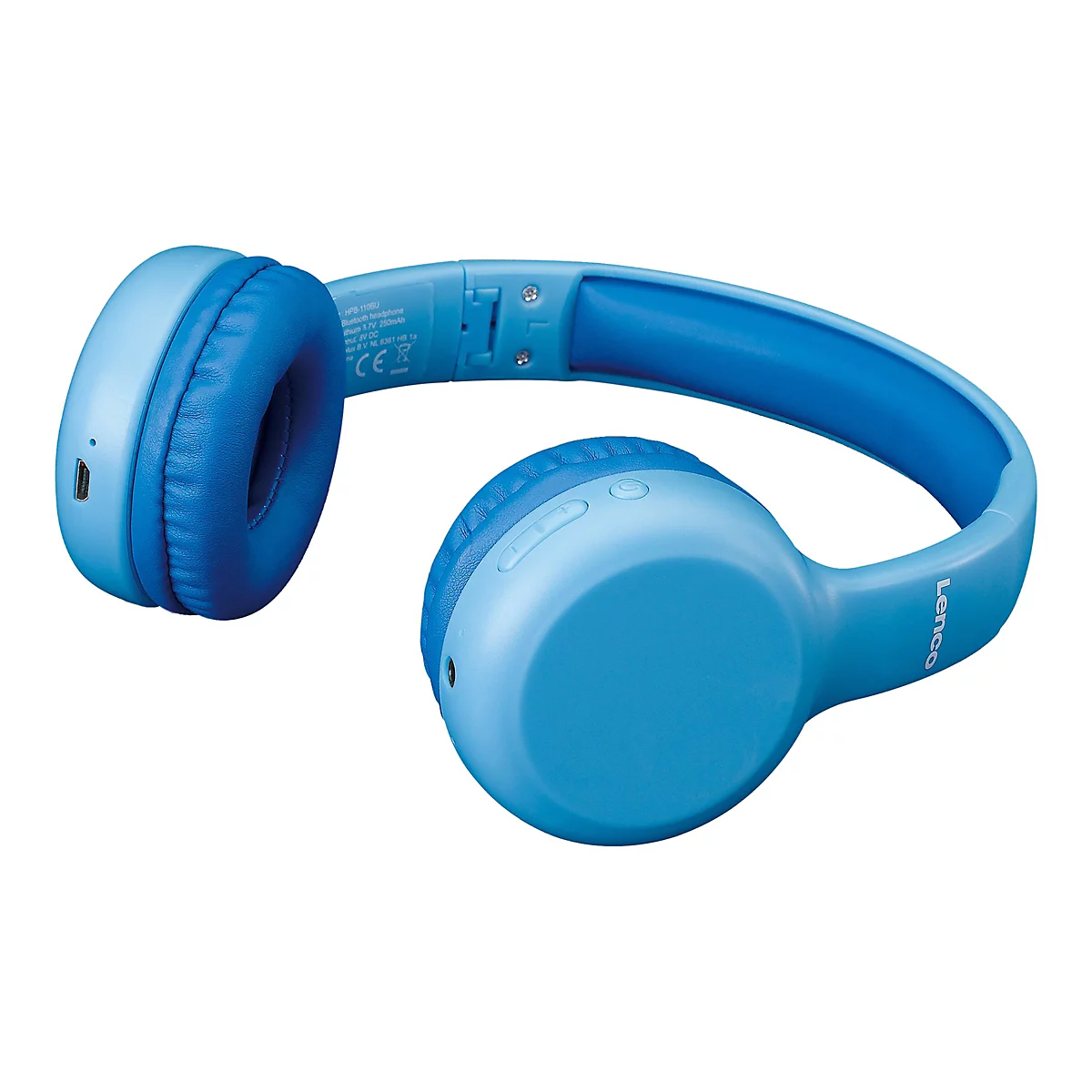 Hellblaues Bluetooth-Kopfhörer-Set. Die Ohrmuscheln sind gepolstert, mit hellblauem Gehäuse. Auf dem Kopfband steht "Lenco".