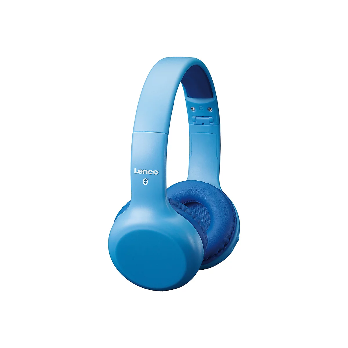 Hellblaue Kopfhörer von Lenco vor weißem Hintergrund. Auf den Ohrmuscheln steht "R". Der Schriftzug "Lenco" und Bluetooth-Logo sind auf dem Bügel.