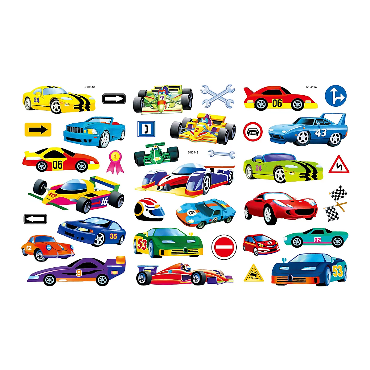 Eine Collage von Spielzeugautos und Verkehrszeichen, in verschiedenen Farben, Formen und Designs.