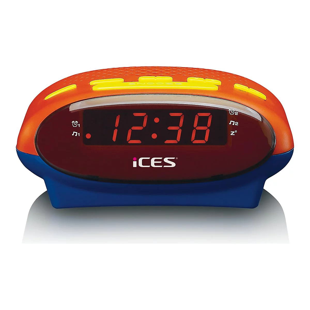 Bunter Digital-Radiowecker in Orange und Blau mit roter LED-Anzeige zeigt 12:38 Uhr.