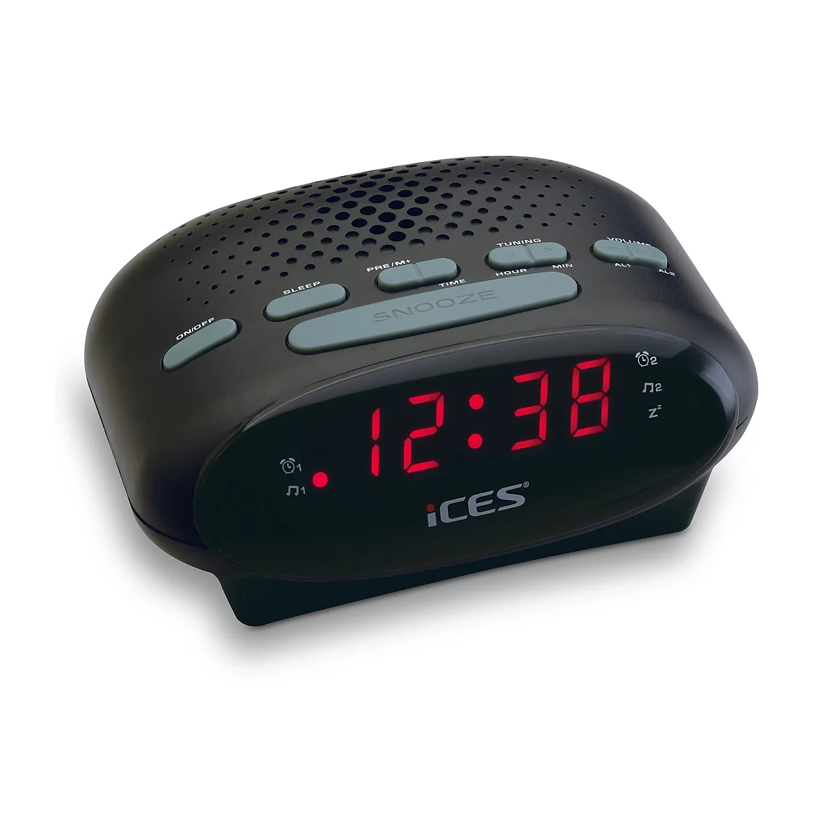 Schwarzer digitaler Radiowecker der Marke Ices mit roter Zeitanzeige 12:38 auf weißem Hintergrund.