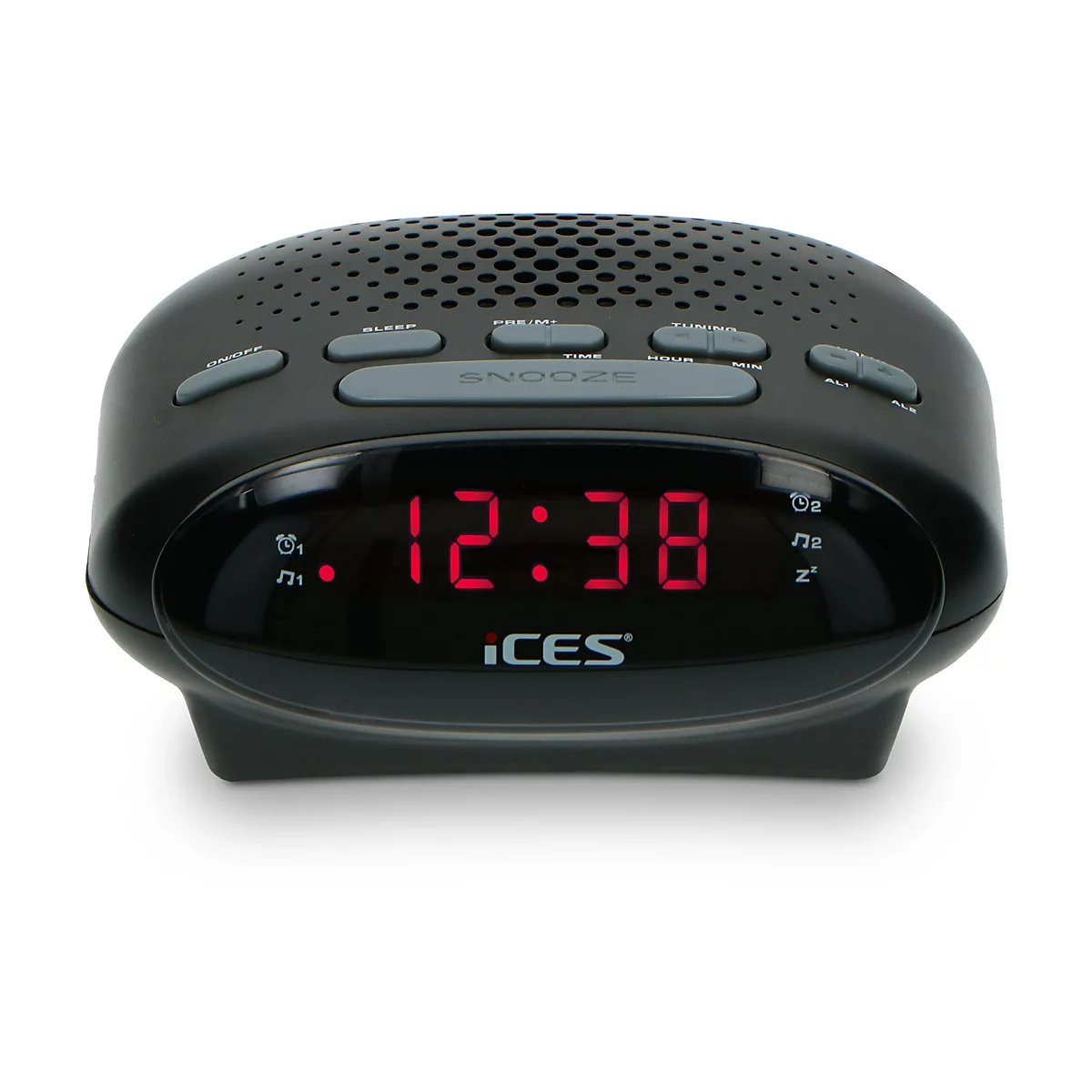 Schwarzer digitaler Radiowecker von ICES mit roter Zeitanzeige 12:38 auf weißem Hintergrund.