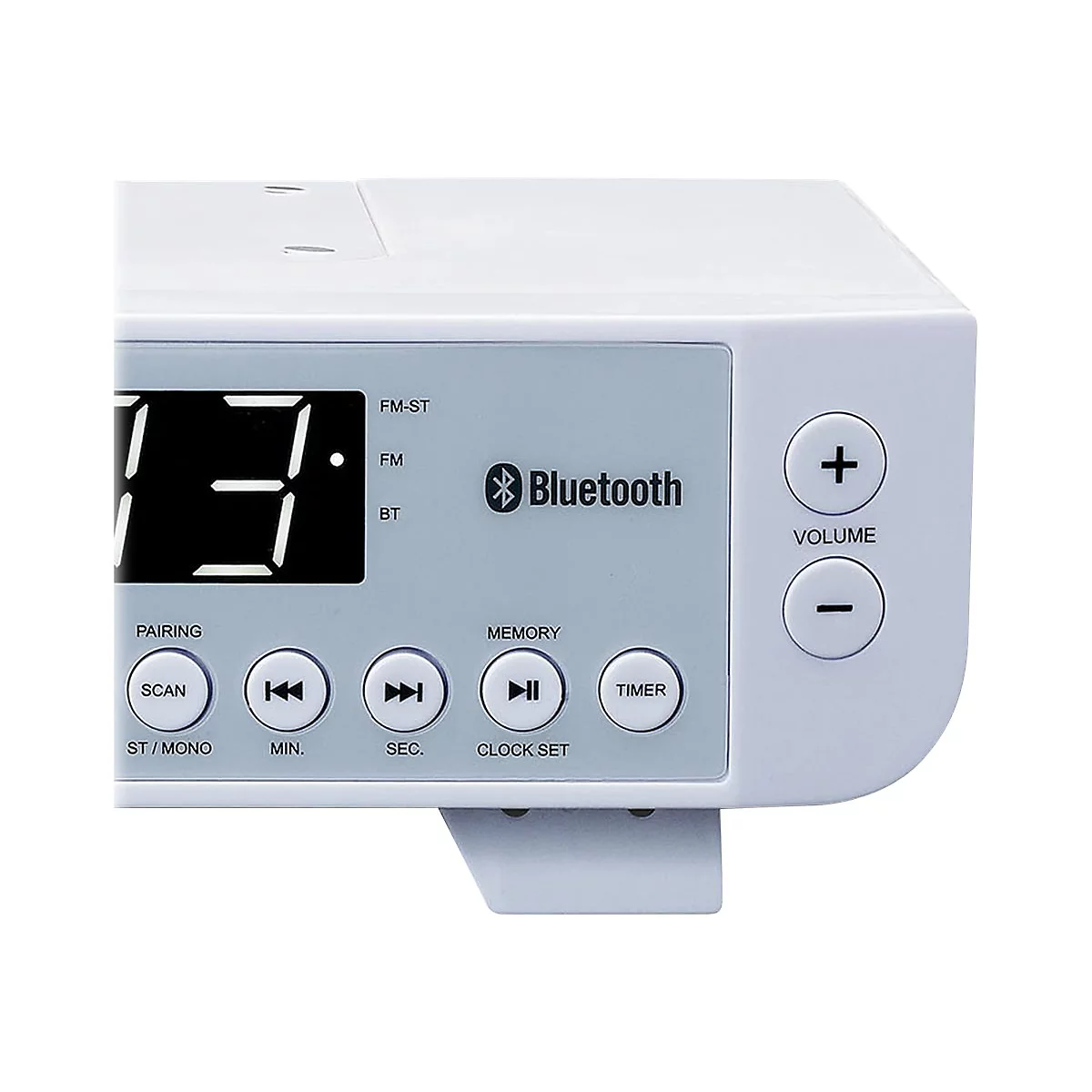 Nahaufnahme der Bedienoberfläche eines weißen Radios mit Bluetooth-Logo und Tasten für Lautstärke, Scan und Timer.