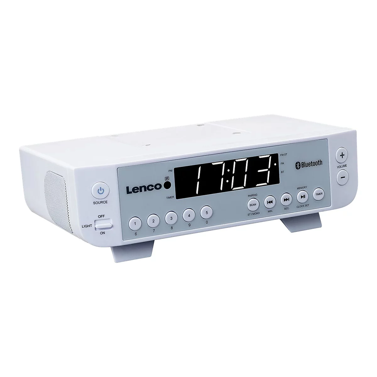 Weißes Lenco Digitalradio mit Bluetooth, Displayanzeige 17:03 und zahlreichen Bedientasten.