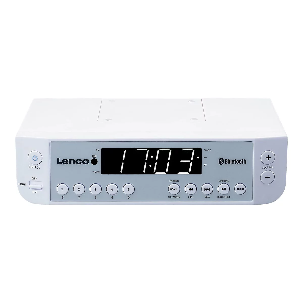 Weißes Lenco Unterbauradio mit digitaler Uhranzeige 17:03 Uhr, Bluetooth-Symbol und zahlreichen Bedientasten.