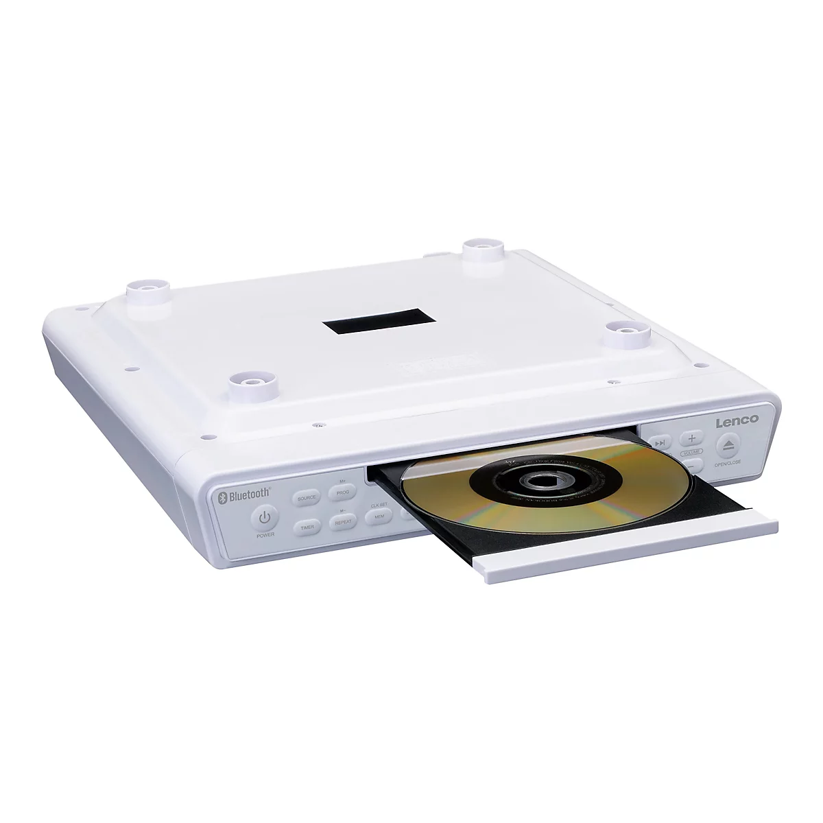 Ein weißer CD-Player mit herausgezogener CD-Lade. Knöpfe mit Aufschriften wie Bluetooth, Power und Volume sind zu sehen.