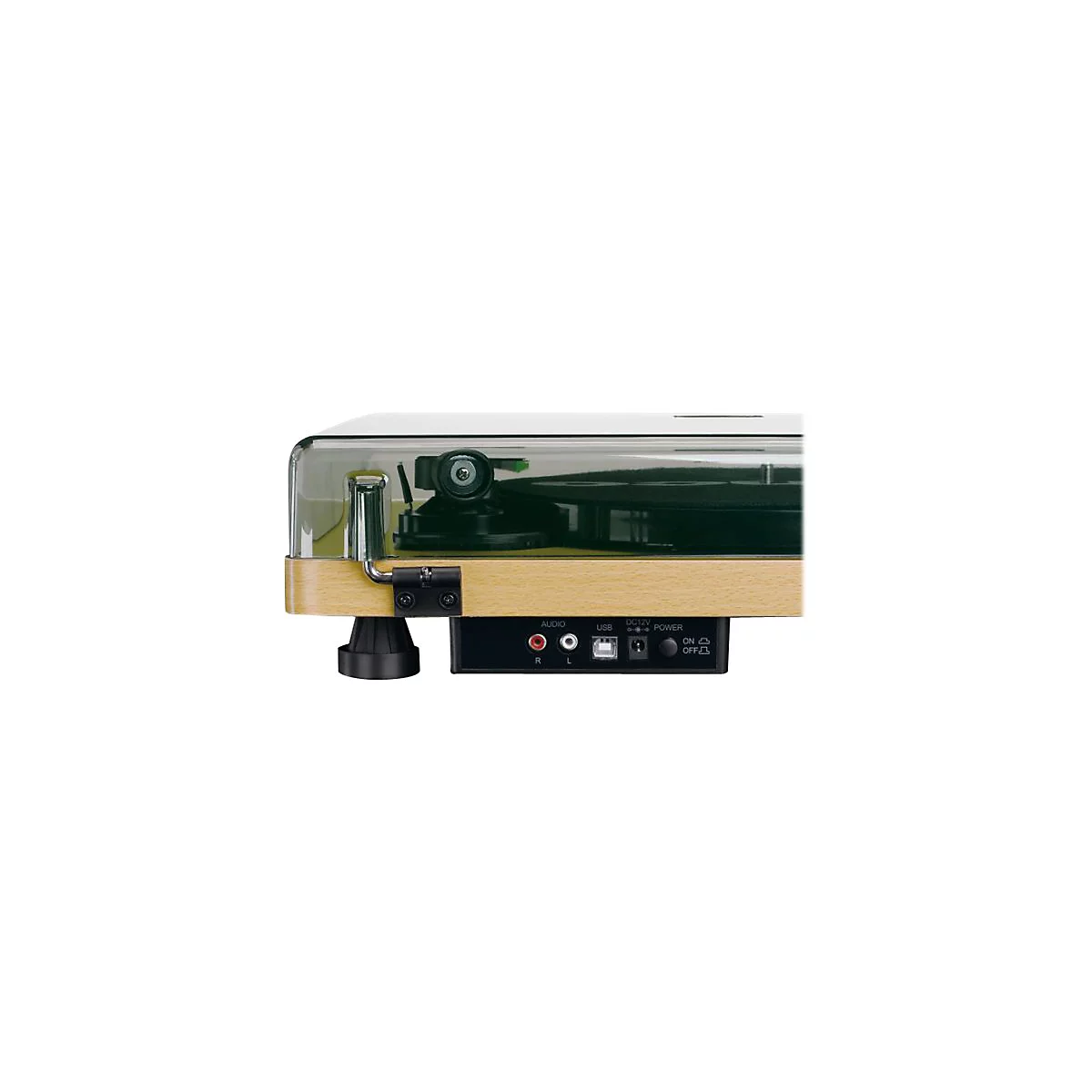 Seitenansicht eines Plattenspielers mit Holzgehäuse und Anschlüssen für Audio, USB und Strom.