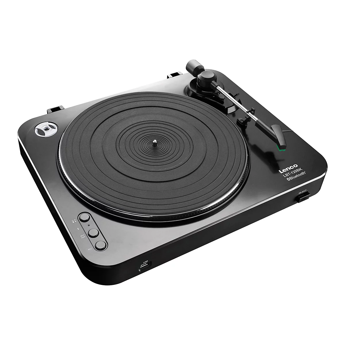 Schwarzer Lenco LBT-120BK Plattenspieler mit Bluetooth vor weißem Hintergrund.