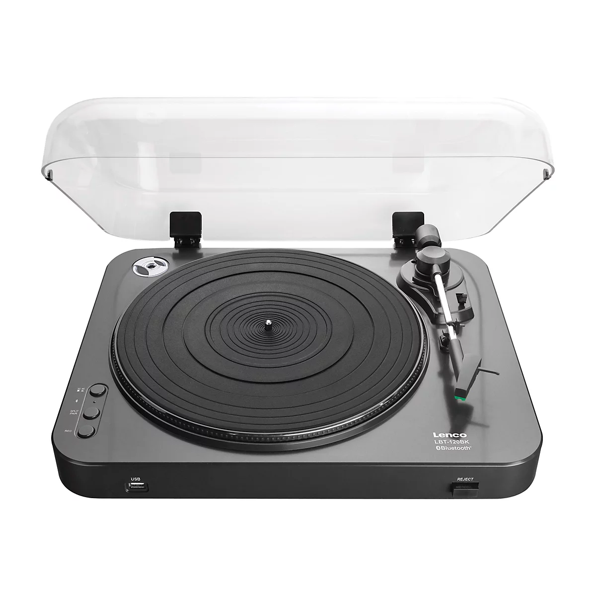 Schwarzer Lenco LBT-120BK Plattenspieler mit geöffneter transparenter Abdeckung vor weißem Hintergrund.