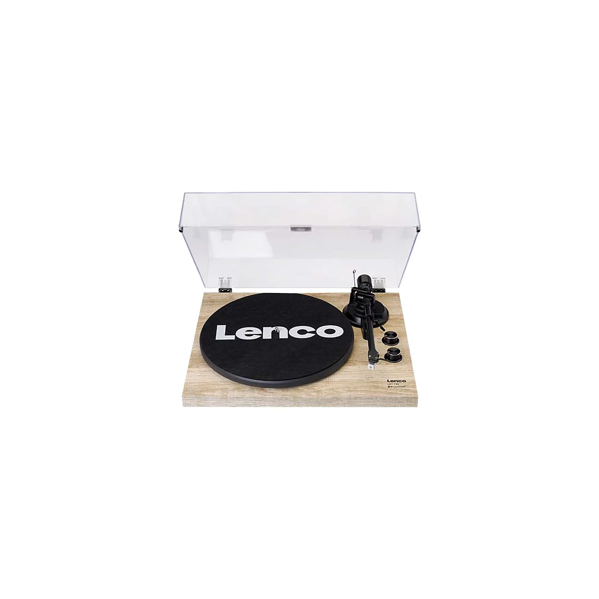 Lenco LBT-188 Plattenspieler mit Holzoptik, schwarzem Plattenteller und transparenter Staubschutzhaube.