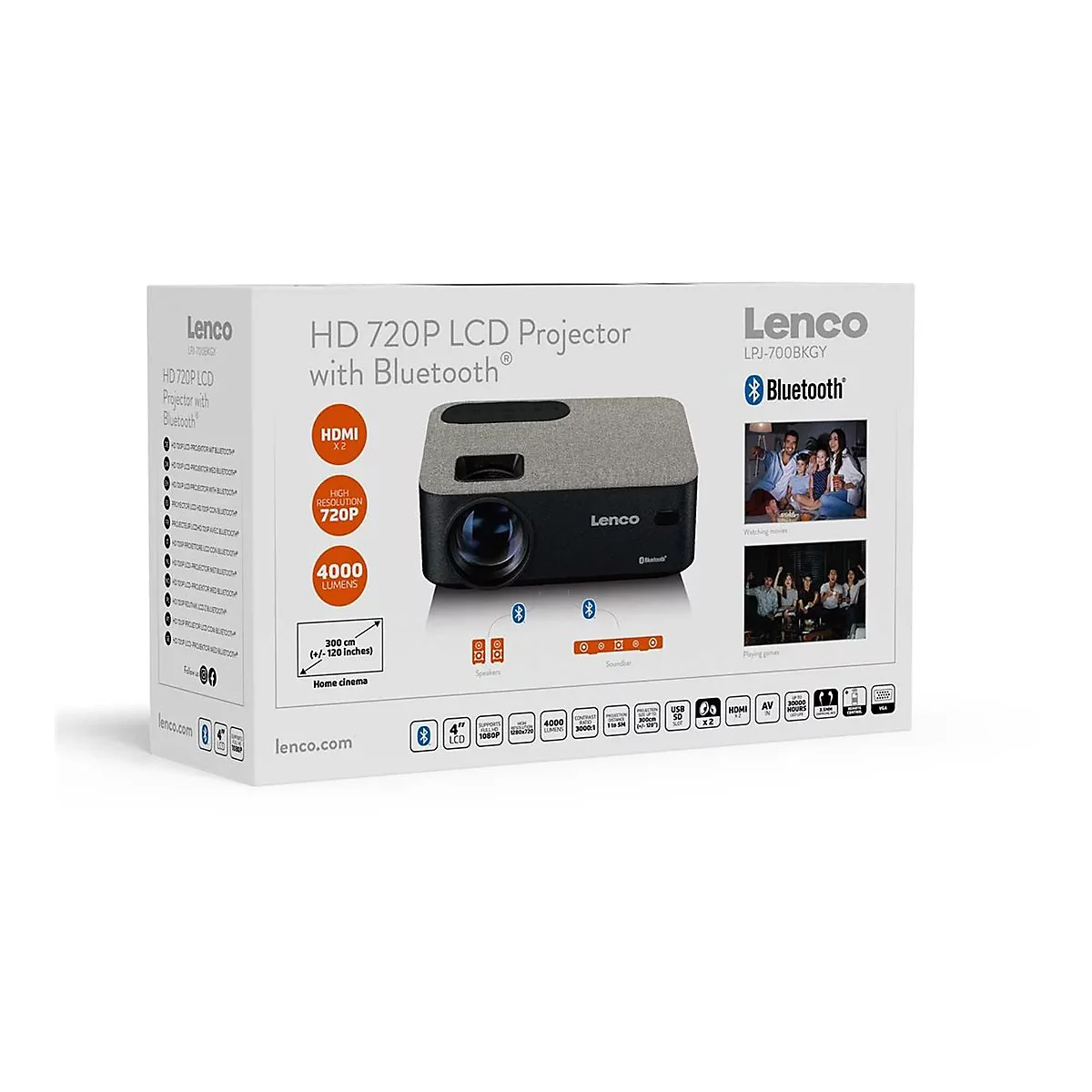 Produktverpackung eines Lenco HD 720P LCD-Projektors mit Bluetooth-Funktion auf weißem Hintergrund.