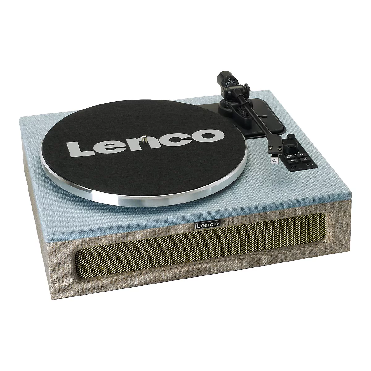 Plattenspieler Lenco, blau-grau, schwarzer Plattenteller mit weißem Logo, Lautsprecher-Gitter, Knöpfe.