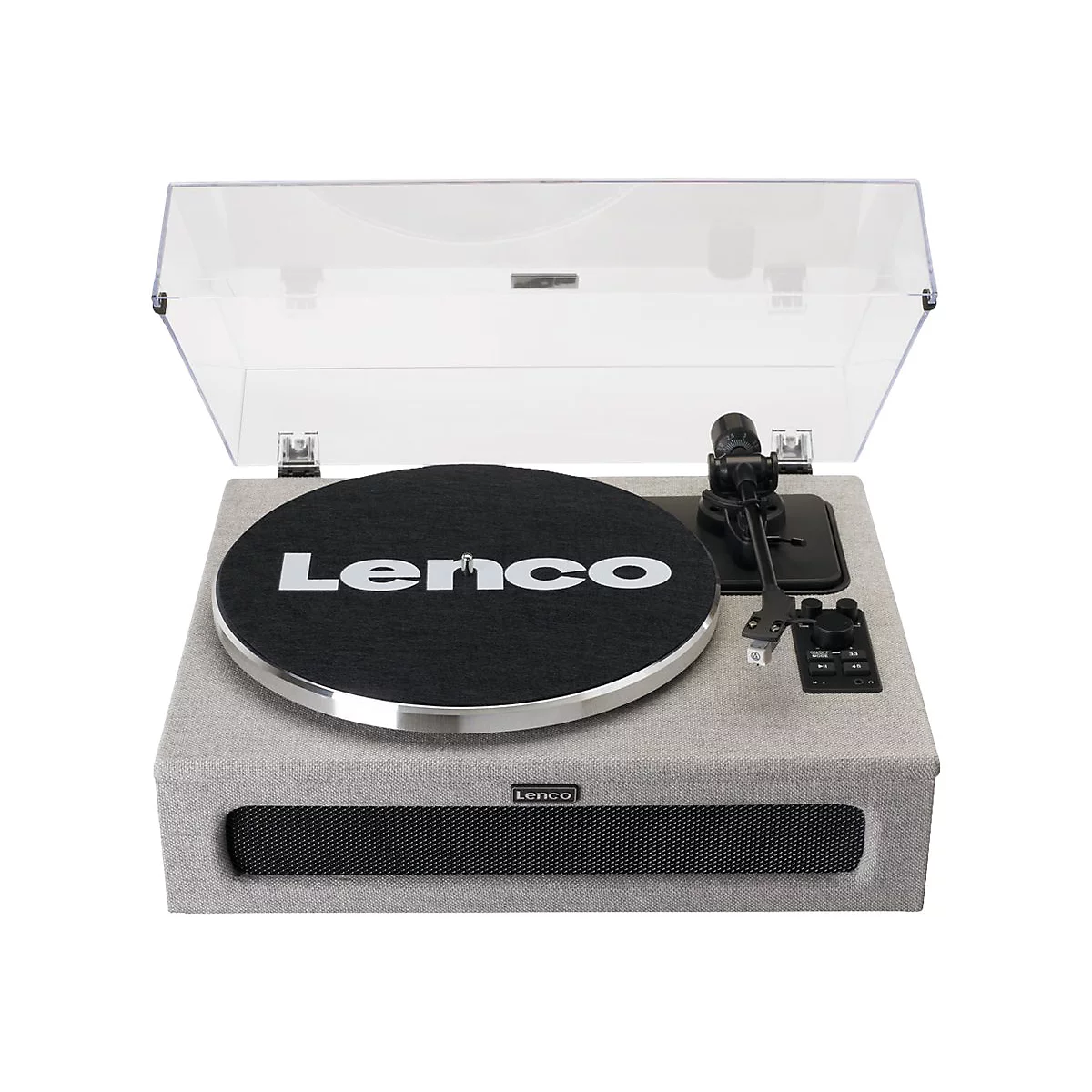 Plattenspieler von Lenco mit geöffneter, transparenter Haube. Der Plattenteller ist schwarz und trägt das Logo "Lenco".