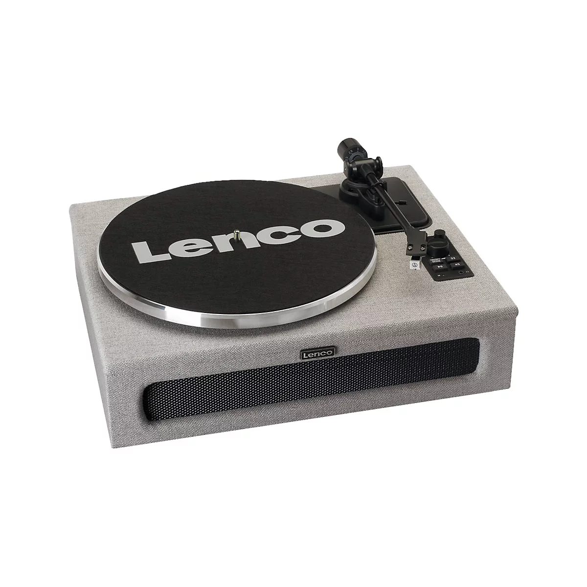 Grauer Plattenspieler mit schwarzem Teller und „Lenco“-Logo. Lautsprecher mit Stoffabdeckung. Tonarm und Bedienelemente.
