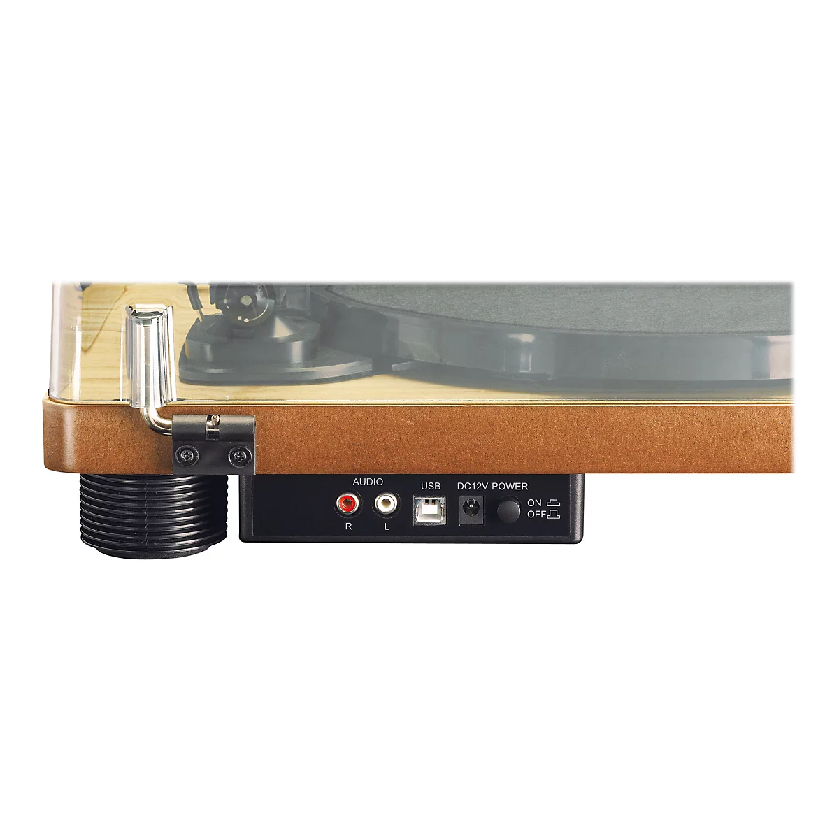 Rückseite eines Plattenspielers in Holzoptik mit Audio-, USB- und Stromanschlüssen sowie einem An-Aus-Schalter.