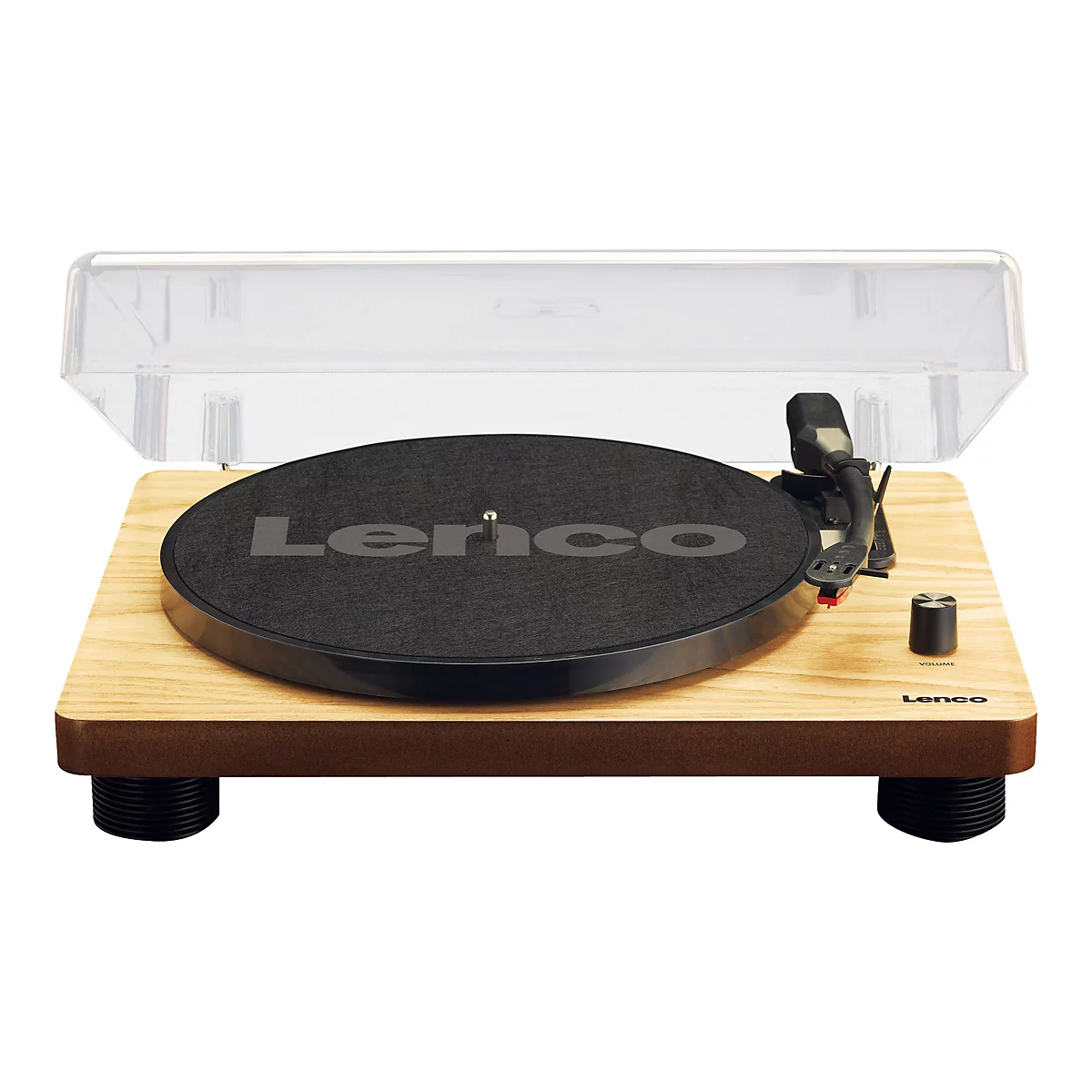 Lenco Plattenspieler mit Holzgehäuse, schwarzem Plattenteller und transparenter Staubschutzhaube.