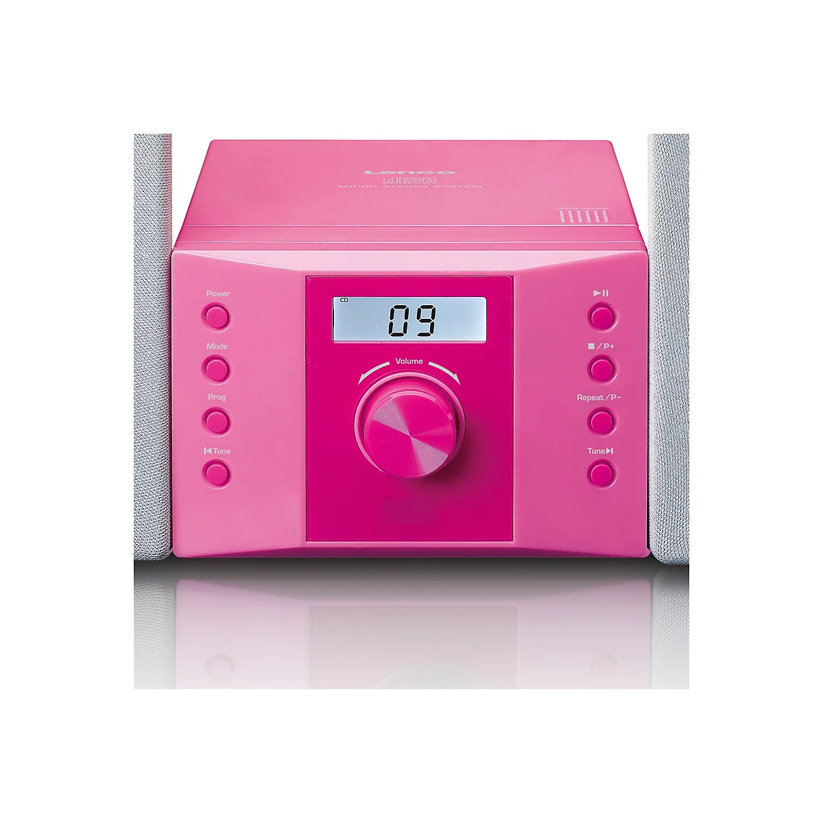 Vorderansicht einer pinken Lenco Stereoanlage mit CD-Player, Lautstärkeregler und digitalem Display vor weißem Hintergrund.