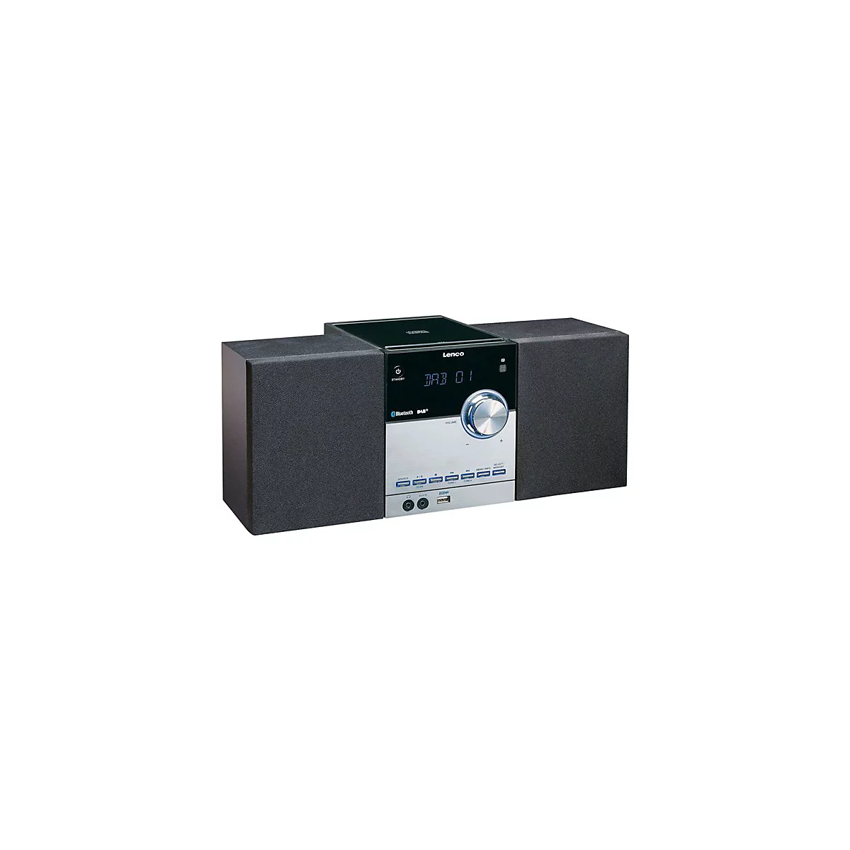 Kompaktanlage von Lenco, schwarz mit silbernen Elementen, Lautsprecher links und rechts. KnÃ¶pfe, Display und USB Anschluss.