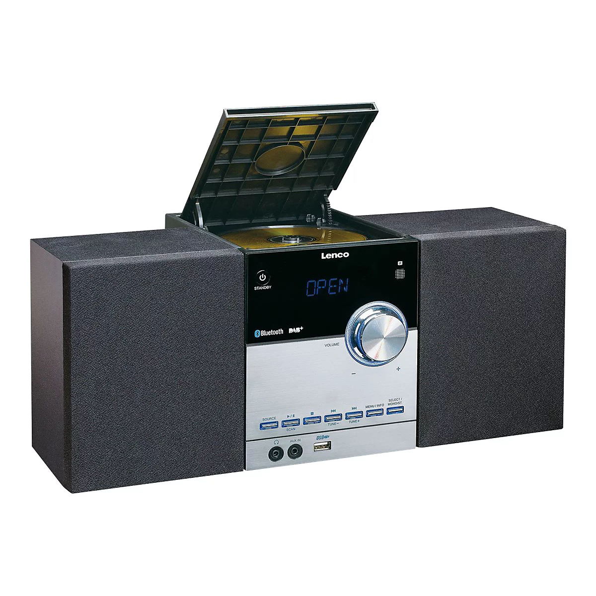 Kompaktanlage von Lenco mit CD-Player, offener Klappe und Lautsprechern links und rechts. Das Display zeigt OPEN.