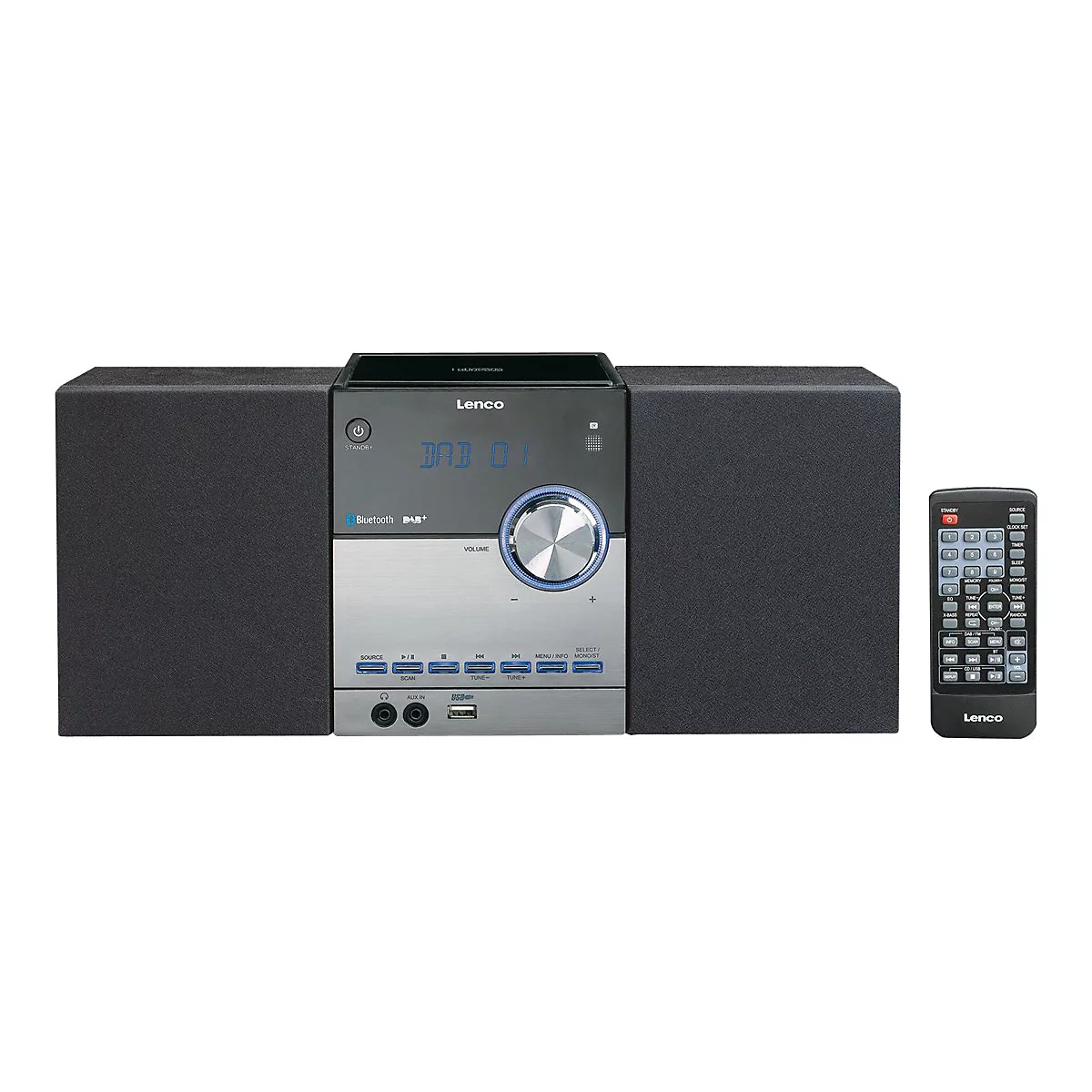 Lenco Micro-Anlage mit DAB+ Radio und Bluetooth vor weißem Hintergrund, inklusive Fernbedienung.