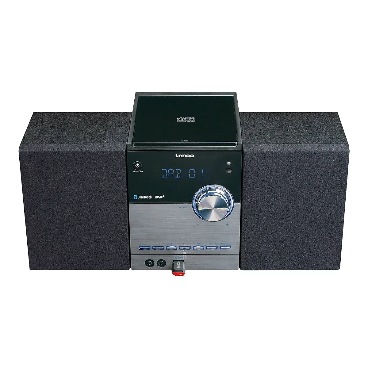 Schwarze Lenco Mikroanlage mit CD-Player, Lautsprechern, USB-Anschluss und digitalem Display vor weißem Hintergrund.