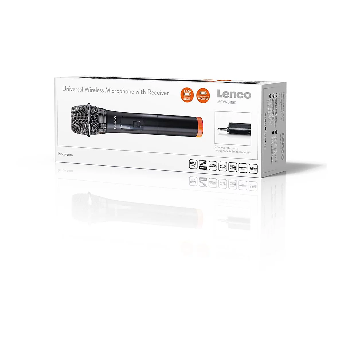 Lenco MCW-011BK kabelloses Mikrofon mit Empfänger in der Produktverpackung auf weißem Hintergrund.