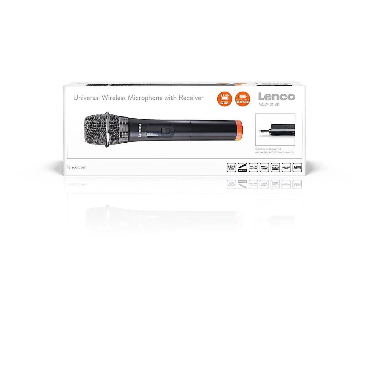 Verpackung des Lenco MCW-011BK Funkmikrofons mit Empfänger auf weißem Grund.