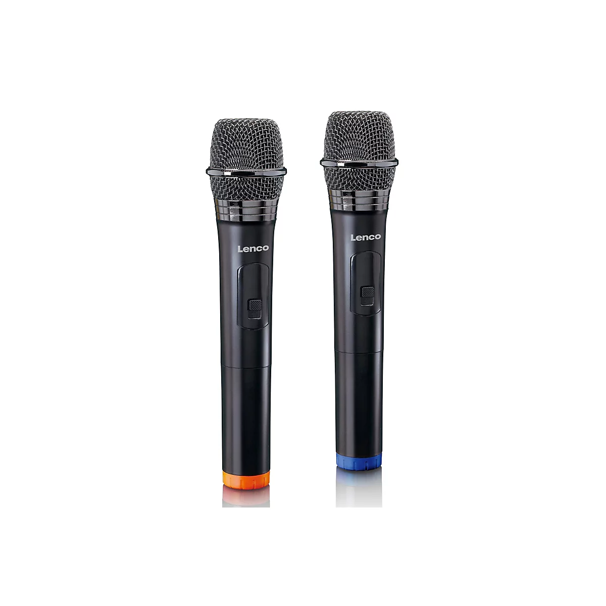 Zwei schwarze Lenco Mikrofone mit silbernem Gitter, eines mit orangefarbenem und eines mit blauem Boden.