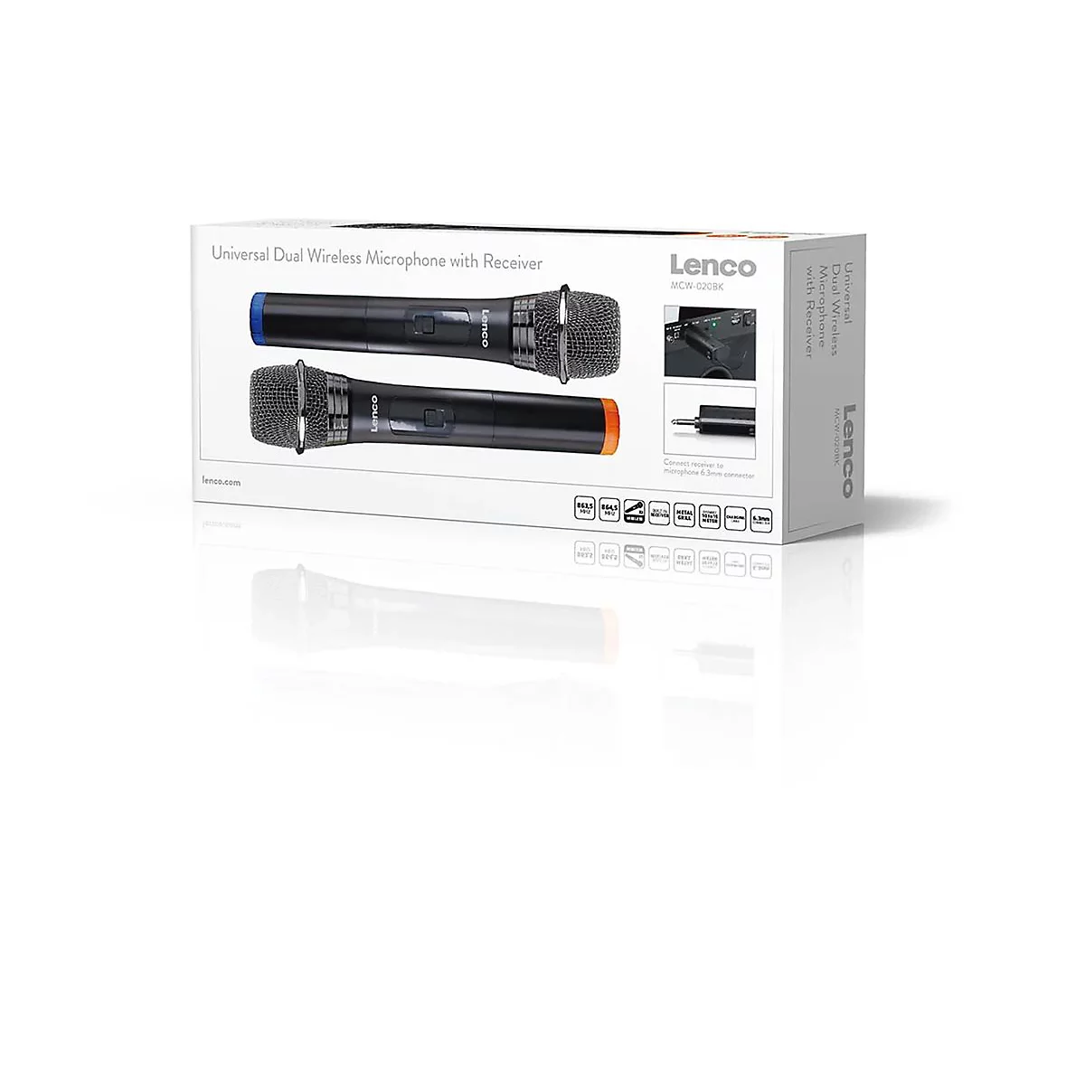 Verpackung des Lenco MCW-020BK Funkmikrofon-Sets mit zwei schwarzen Mikrofonen vor weißem Hintergrund.
