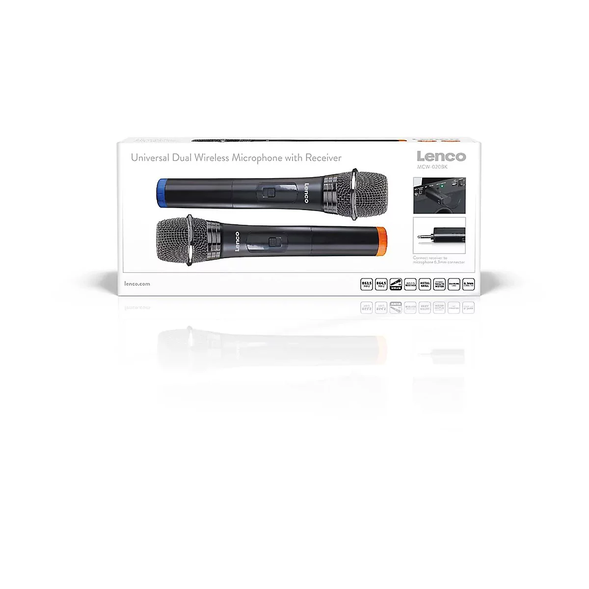 Verpackung des Lenco MCW-020BK Dual Wireless Mikrofonsystems mit zwei Mikrofonen und Empfänger.