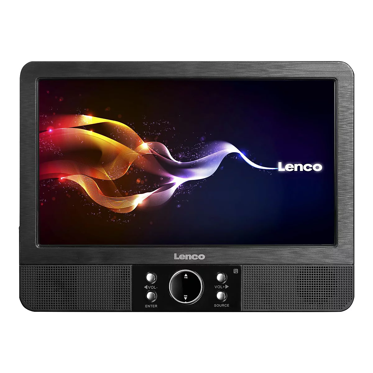 Ein schwarzer Lenco-DVD-Player mit bunten Mustern auf dem Bildschirm. Darunter KnÃ¶pfe zur Steuerung.