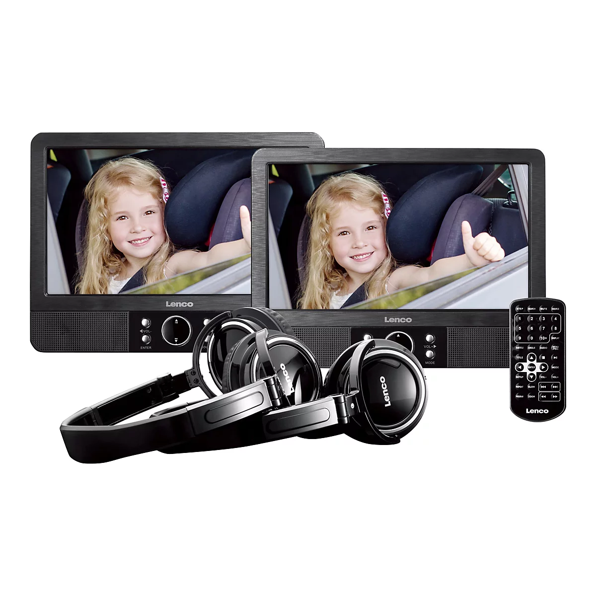 Zwei Bildschirme mit Kind im Auto, KopfhÃ¶rer, Fernbedienung. MÃ¤dchen im Auto lÃ¤chelt frÃ¶hlich.