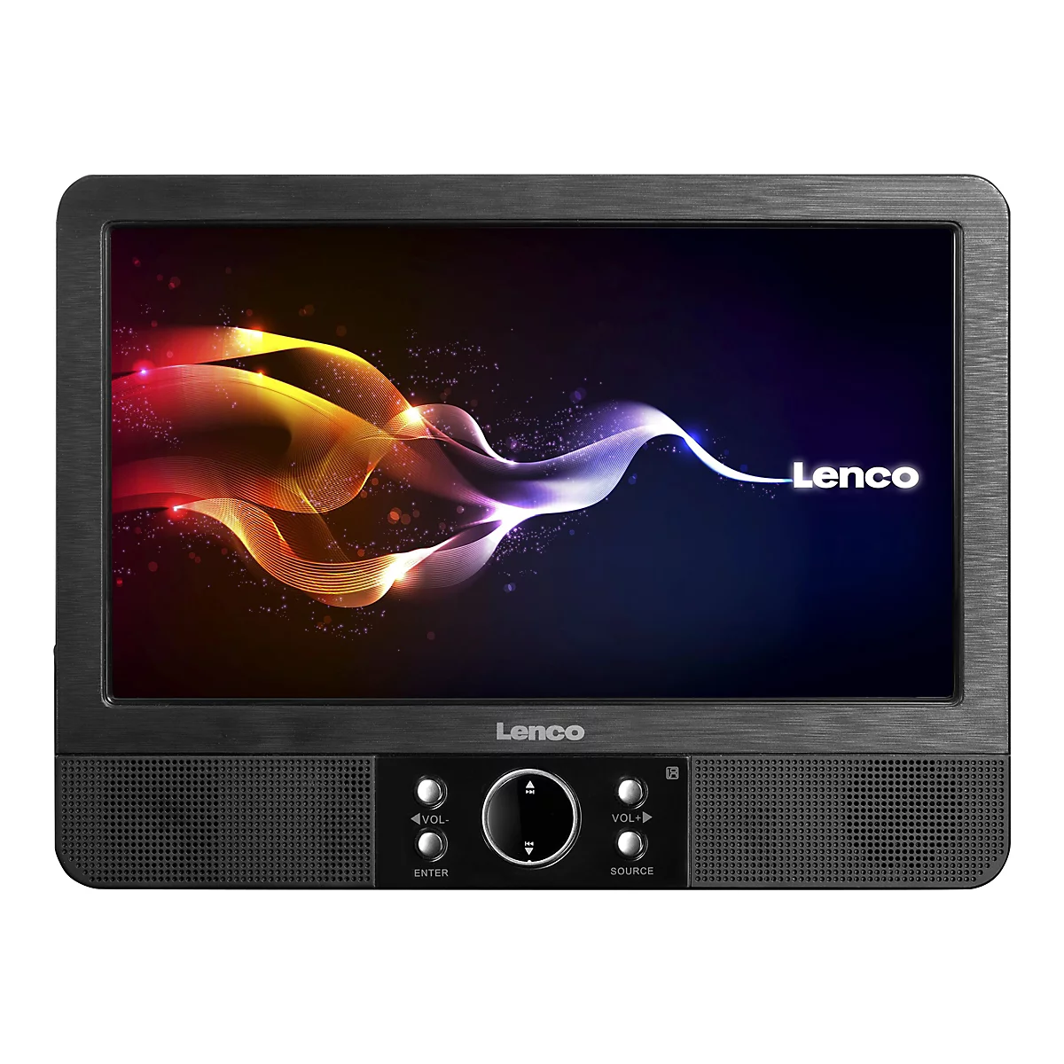 Schwarzer Lenco DVD-Player mit farbigem Bildschirmdesign, SteuerungsknÃ¶pfen und Logo.