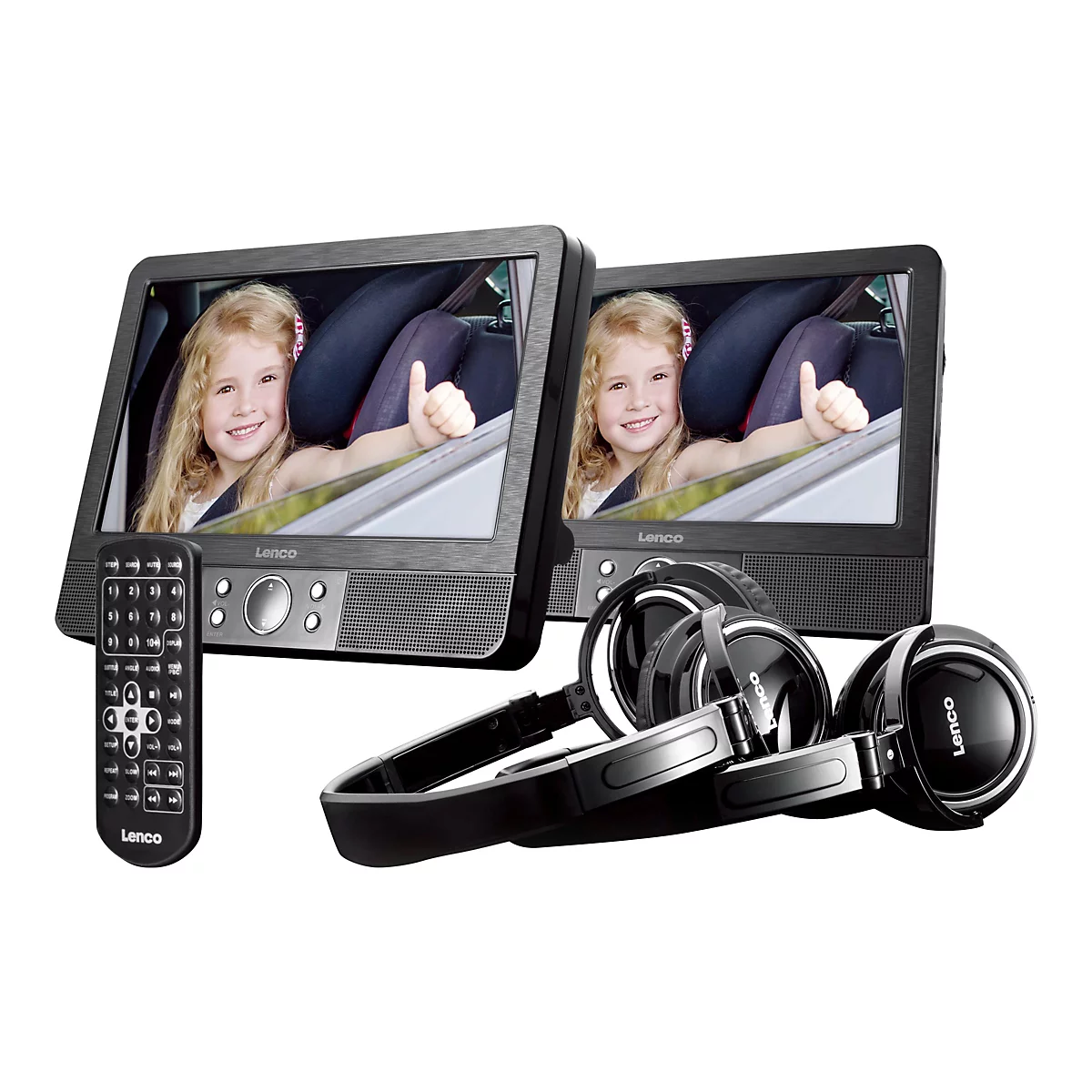 Zwei tragbare DVD-Player mit Fernbedienung und KopfhÃ¶rern. Auf den Bildschirmen ist ein lÃ¤chelndes Kind in einem Auto zu sehen.