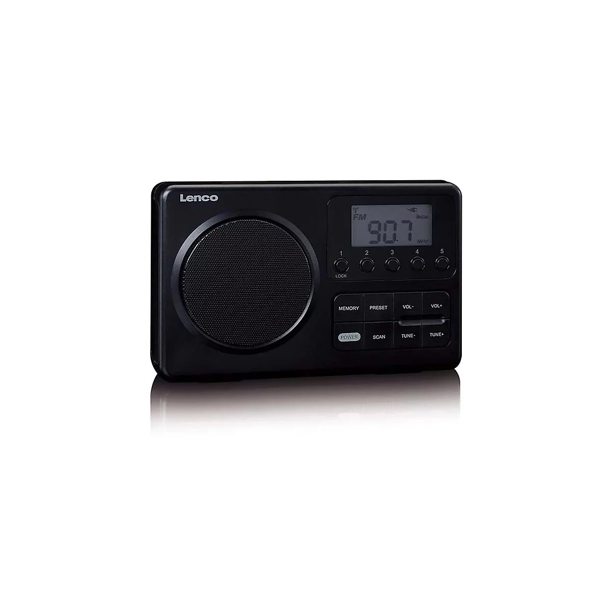 Schwarzes Lenco Digitalradio mit Lautsprecher, LC-Display und Bedientasten vor neutralem Hintergrund.