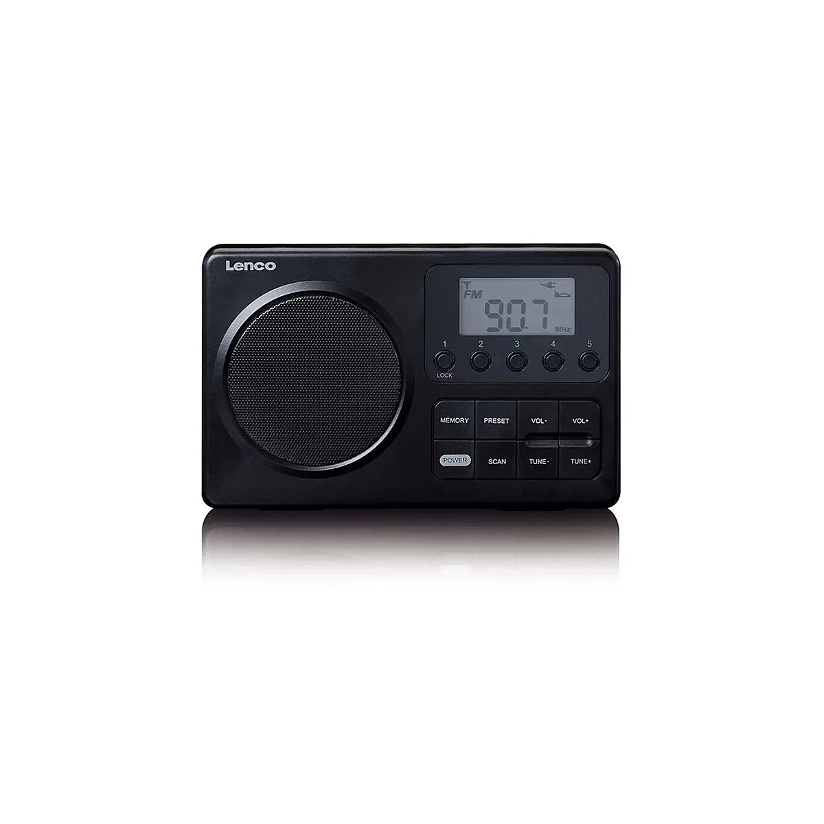 Schwarzes Lenco Digitalradio mit Lautsprecher, LC-Display und Tastenfeld vor weißem Hintergrund.
