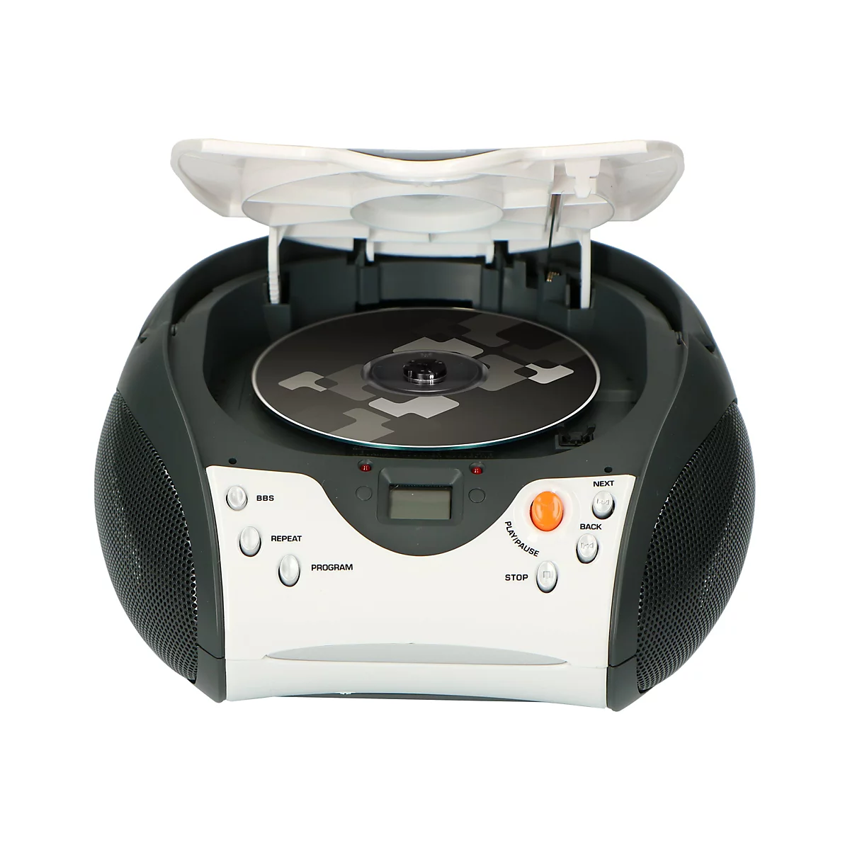 CD-Player mit offenem Deckel und eingelegter CD, Frontansicht vor weißem Hintergrund.